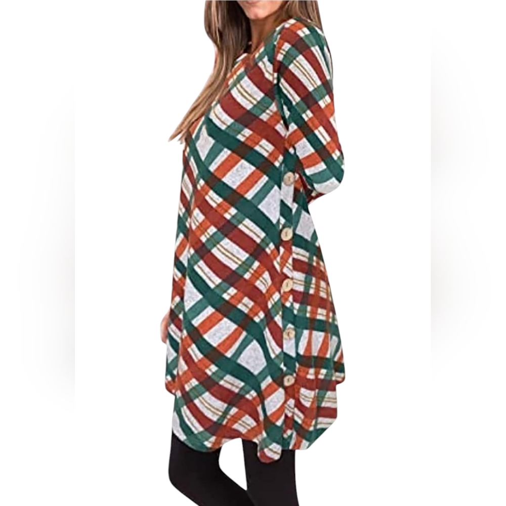 IGENJUN Women's Long Sleeve  Button Side T Shirts Tunic Dress Color‎ Plaid Sz L